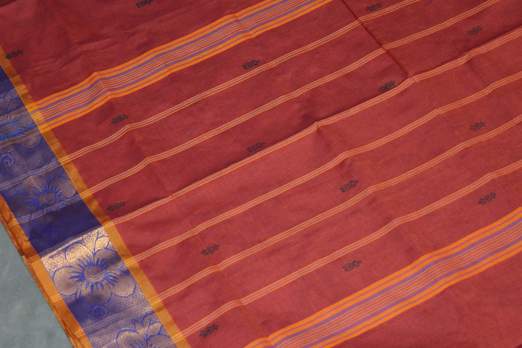 Brown Poly Cotton Butta Saree with Both-Side Zari Floral Border and Striped Pallu Saree JCS Fashions