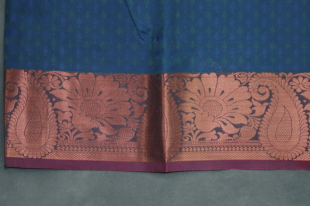 Dark Blue Emboss Silk Saree with Semi Silk Border and Traditional Floral Weave Design