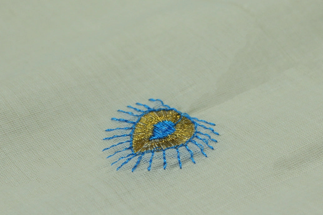 Pure Kerala Cotton White Saree with Gold Zari Border and Blue Peacock Embroidery - Blouse Included