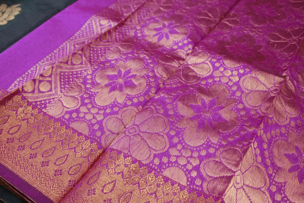 Black Silk Cotton Saree with Zari Floral Border and Blouse Piece, Traditional Wedding Festive Wear