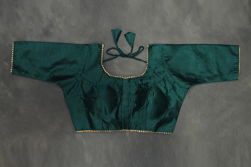 Readymade Designer Green Raw Silk Padded Blouse, Elbow Sleeves, Back Knot, Fully Stitched Blouse JCS Fashions