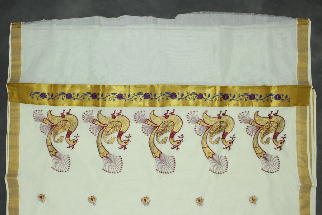 Pure Kerala Cotton White Saree with Peacock Zari Embroidery