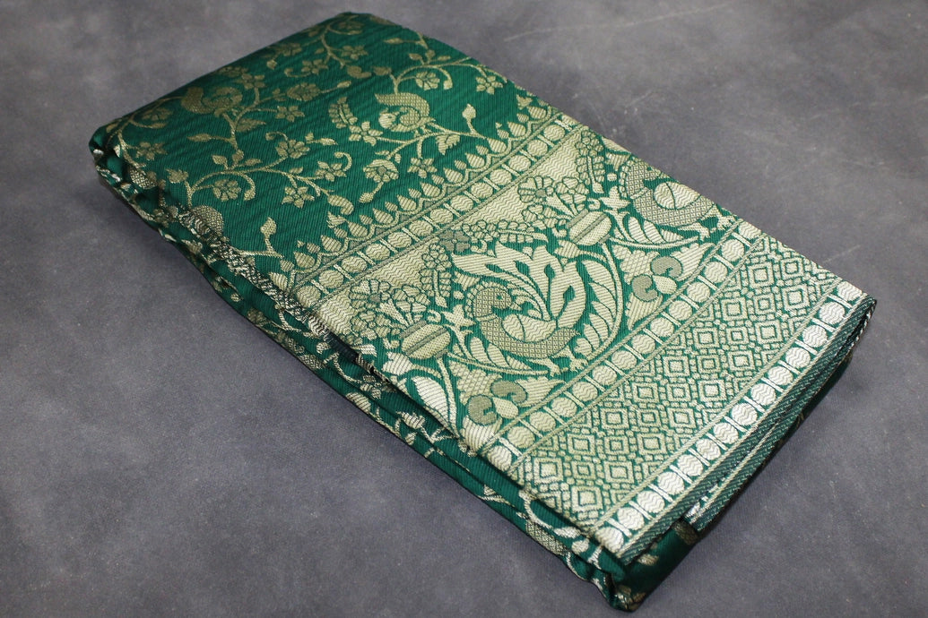Green Banarasi Handloom Satin Saree with Floral Woven Embroidery Print, Includes Blouse