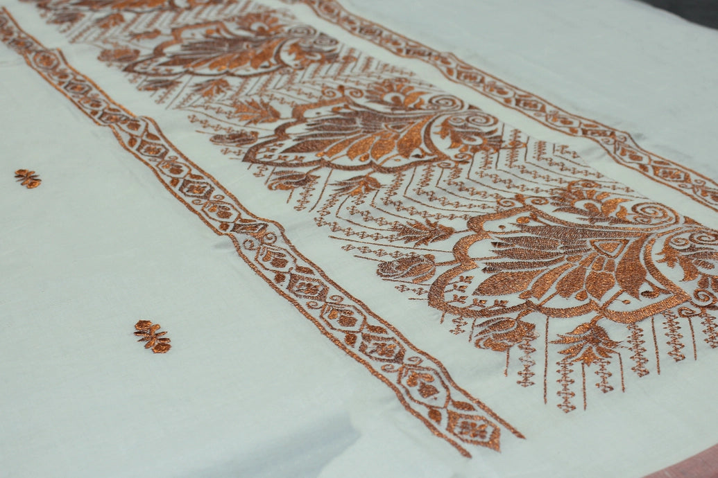 Pure Kerala Cotton White Saree with Copper Zari Peacock Embroidery and Blouse Piece