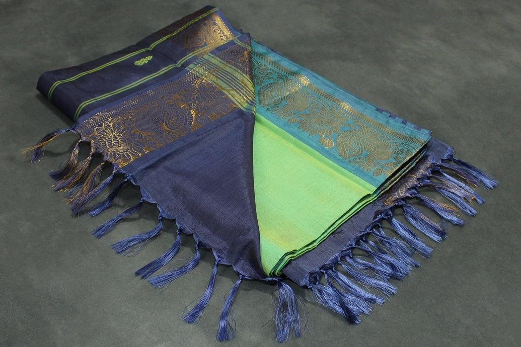 Banana Pith (Vaazhai Naar) Navy Blue & Green Saree with Zari Design Border