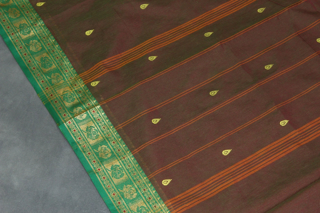 Brown & Green Printed Poly Cotton Butta Saree with Green Thread Border, Traditional Small Butta Motifs Saree JCS Fashions