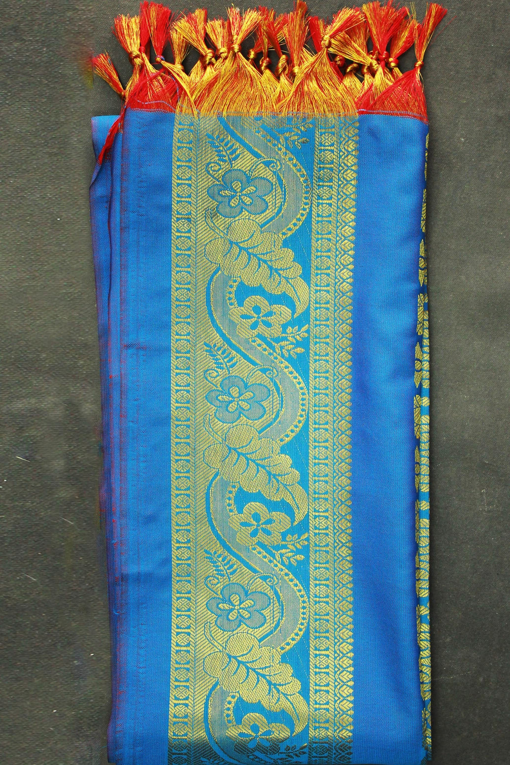 Blue Zari Pattu Shawl (Ponnadai) for Arangetram and Events, Traditional Silk-Style Tassels