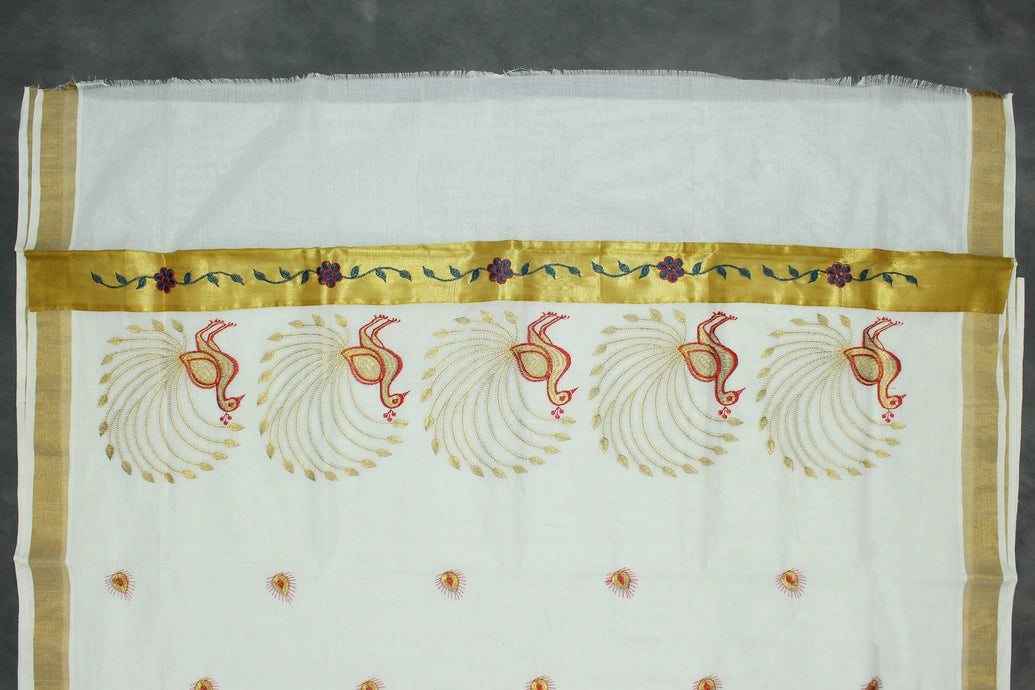 Pure Kerala Cotton White Saree with Gold Zari Peacock Embroidery and Blouse Piece