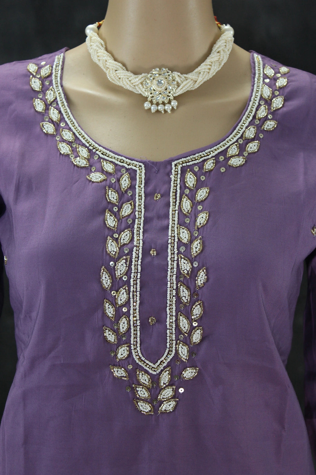 Lavender Roman Silk 3-Piece Salwar Suit with Organza Floral Digital Dupatta and Aari Pearl Neckwork Kurti JCS Fashions