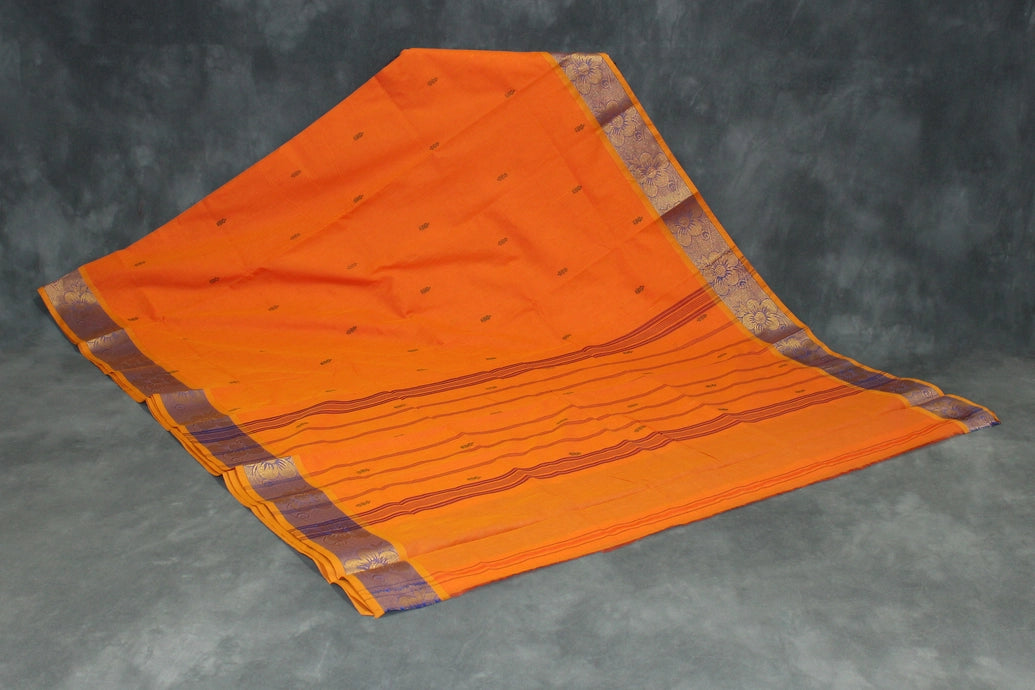 Orange Poly Cotton Saree with Zari Floral Border and Buttas Saree JCS Fashions