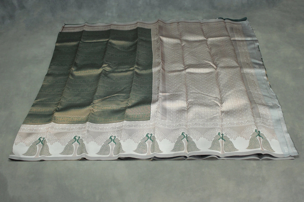 Dark Green Kubera Silk Saree with Peacock Border and Blouse, Semi Silk Traditional Wear