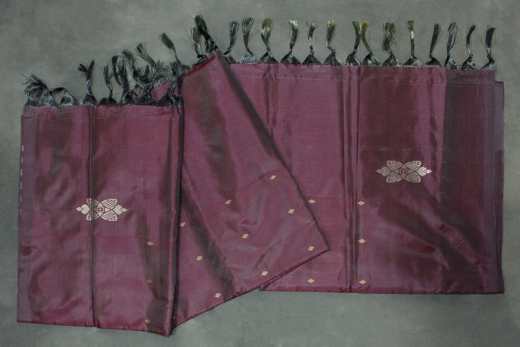 Vaazhai Naar (Banana Pith) Borderless Saree - Dark Purple Body with Fanta Orange Pallu, Small Butta