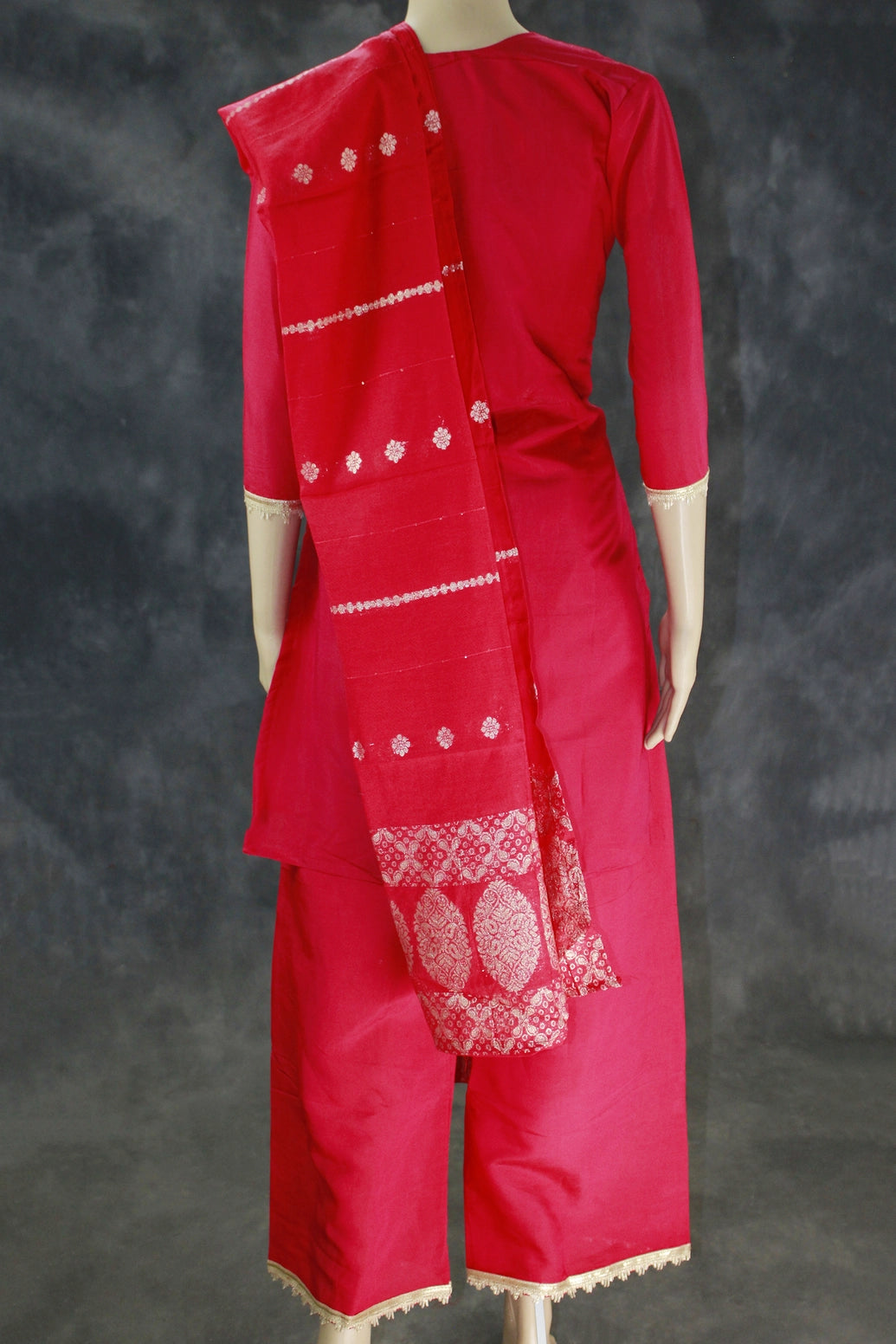 Roman Silk Rani Pink Three-Piece Kurti Set with Banarasi Dupatta