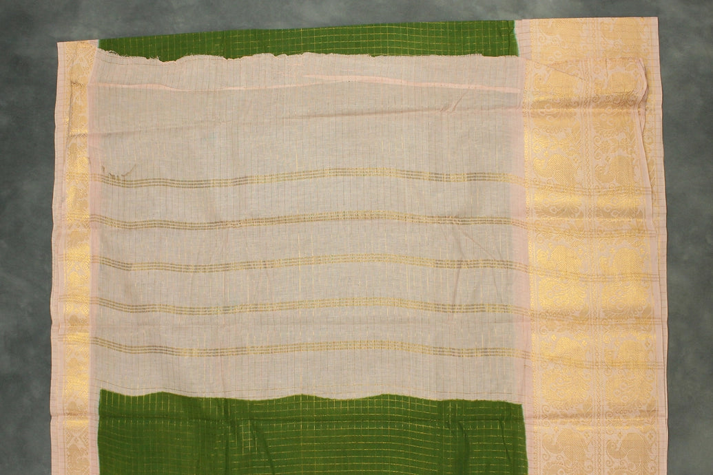 Mehendi Green Sungudi Cotton Saree with Checked Body and Peacock Gold Zari Double Border Saree JCS Fashions