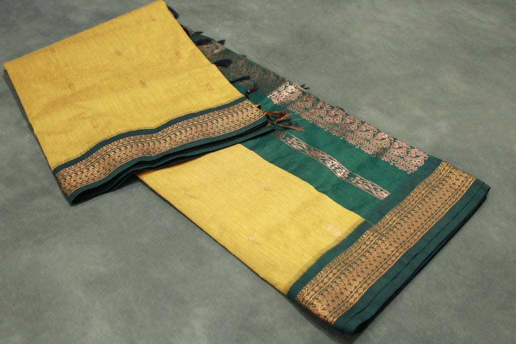 Mustard Kalyani Cotton Saree with Putta Design and Zari Border, Comes with Blouse