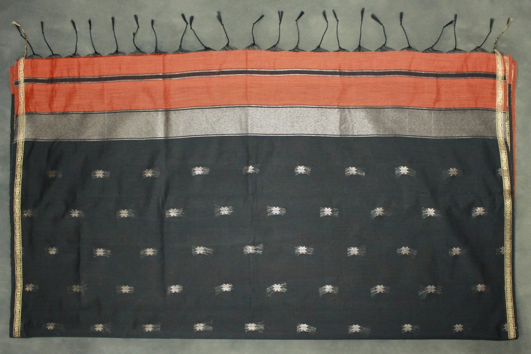 Maheswari Silk Cotton Saree in Brown with Small Butta and Zari Border and Blouse Piece