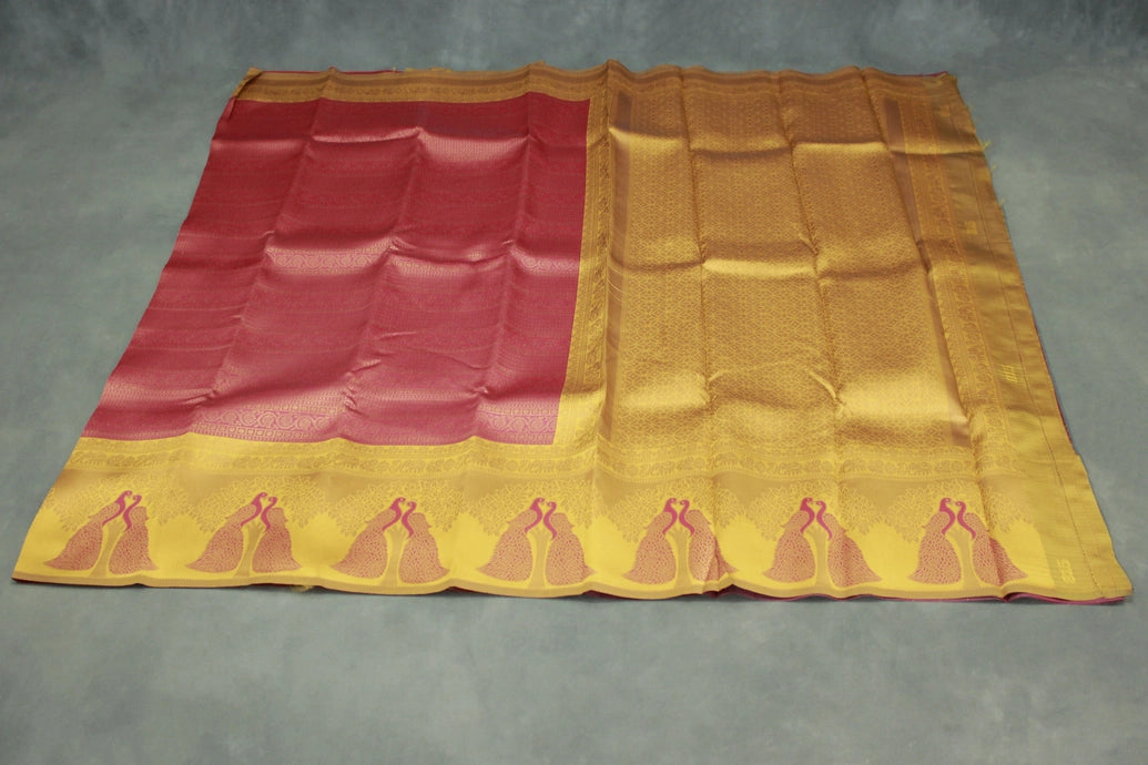 Orange Kubera Pattu Saree with Peacock Border and Contrast Pallu, Comes with Blouse