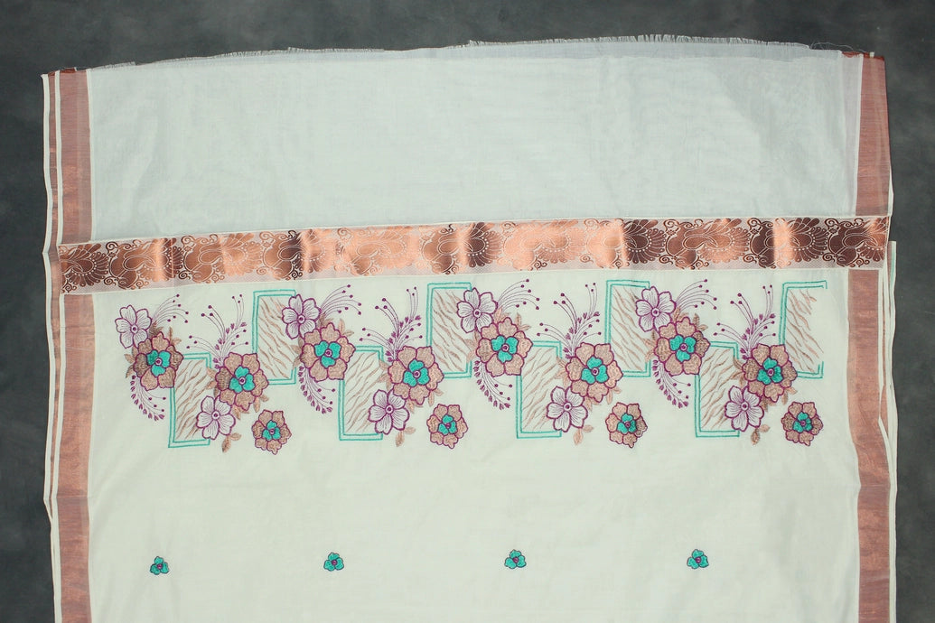 Pure Kerala Cotton White Saree with Copper Zari Floral & Peacock Embroidery
