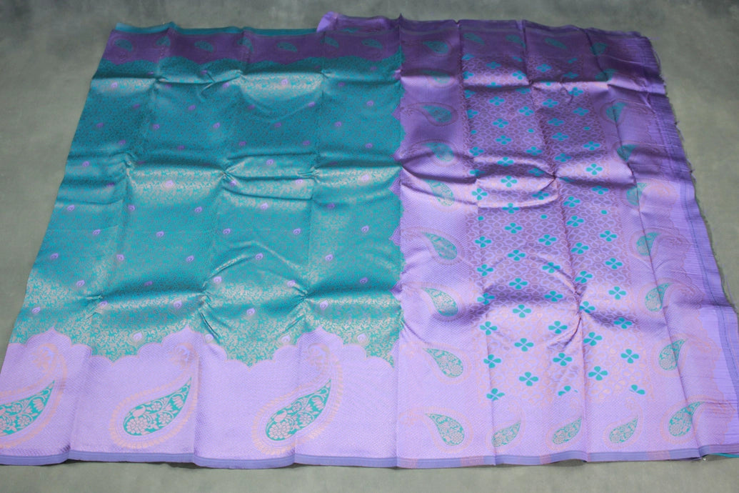 Teal Kubera Pattu Saree with Mango Design Border & Blouse, Semi Silk Traditional Wear