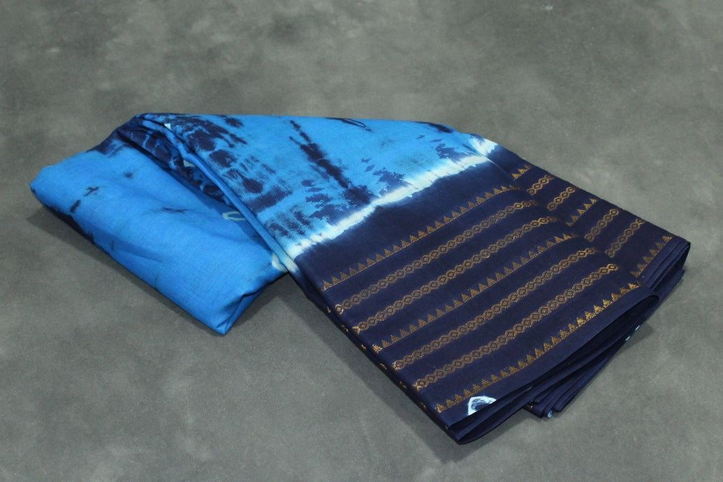 Sungudi Cotton Bandhani Saree in Blue with Golden Zari Striped Border
