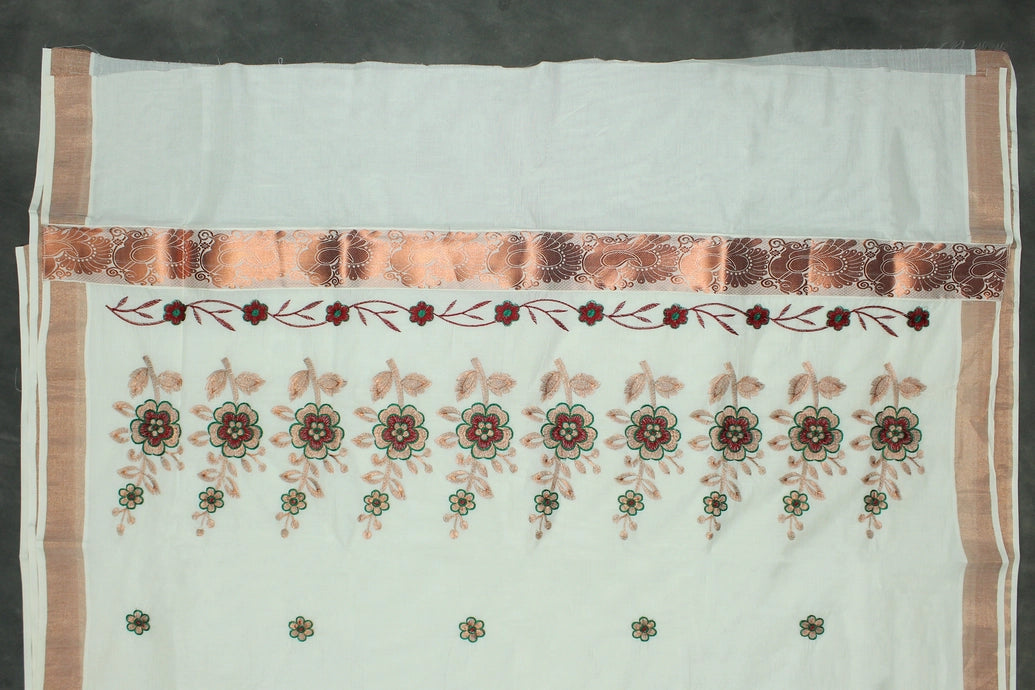 Pure Kerala Cotton White Saree with Copper Zari Border and Embroidered Peacock Floral Pallu