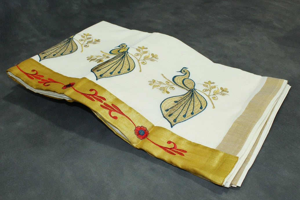 Kerala Cotton White Saree with Gold Zari Peacock Embroidery and Blouse Piece
