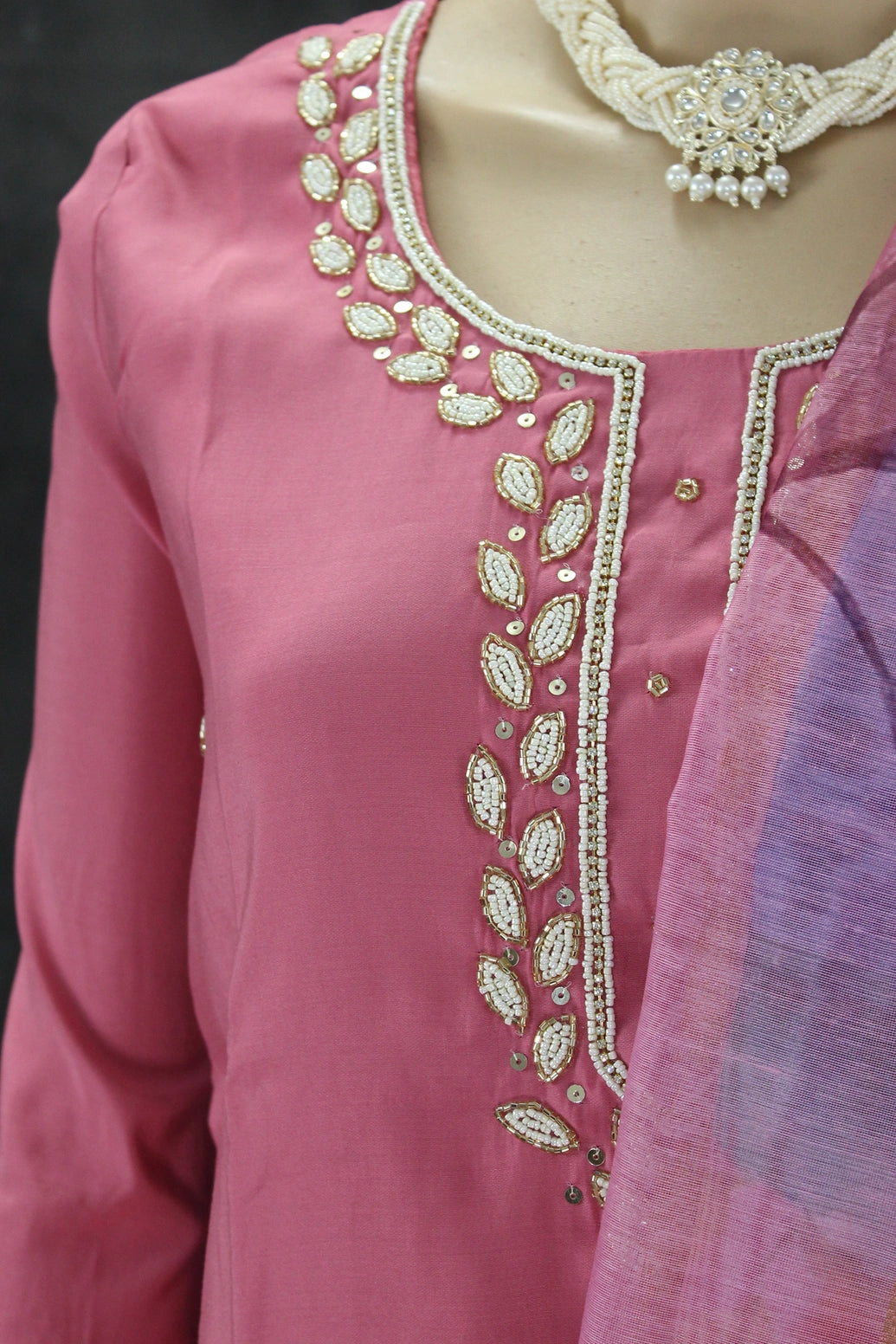 Soft Pink Roman Silk 3-Piece Salwar Kameez Set with Aari & Pearl Neck Embroidery and Organza Digital Dupatta Kurti JCS Fashions