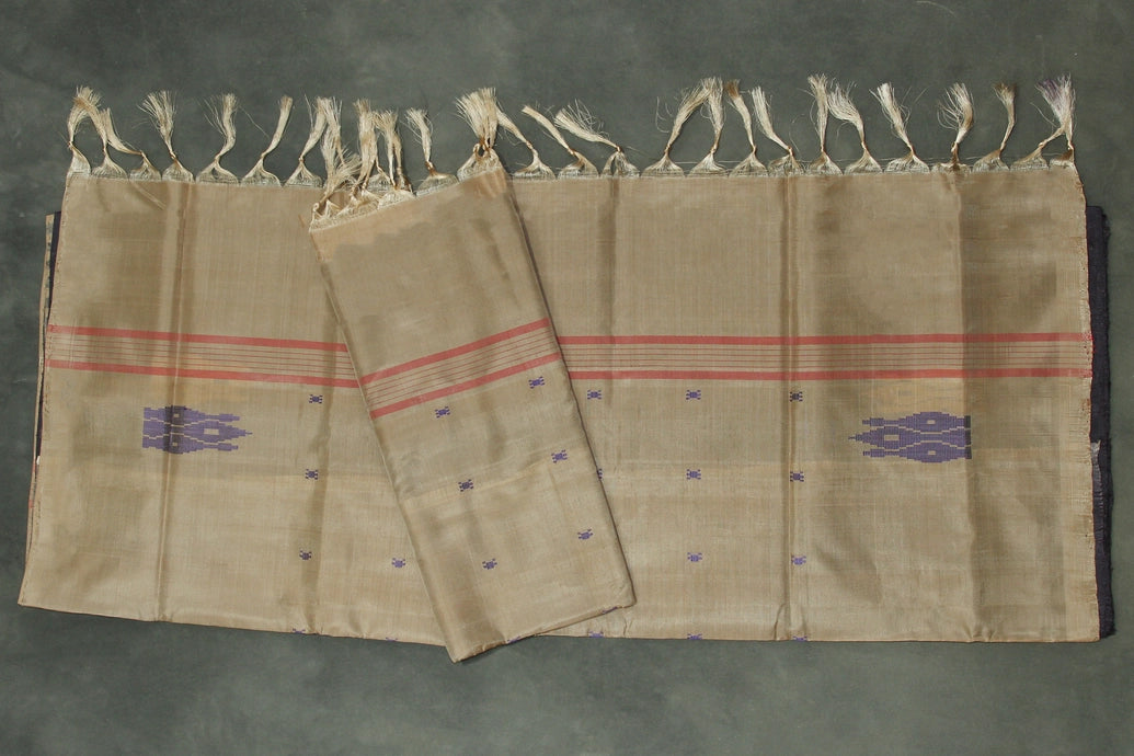 Light Brown Vaazhai Naar (Banana Pith) Saree with Small Purple Butta and Dark Contrast Pallu