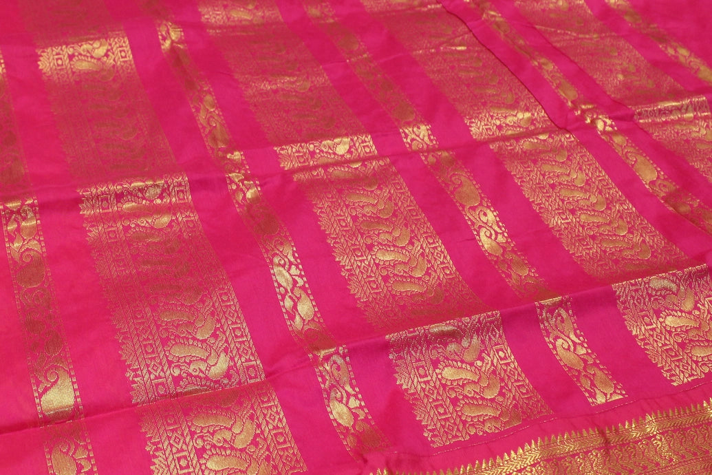 Silk Cotton Yellow & Pink Saree with Grand Pallu and Thick Zari Border
