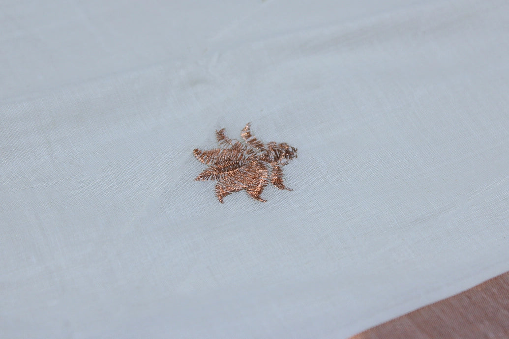 Pure Kerala Cotton Saree with Copper Zari Peacock & Leaf Embroidery, White