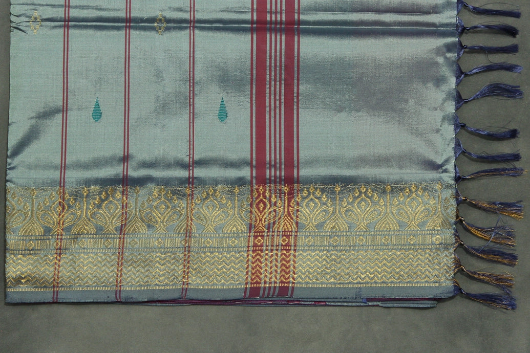 Steel Grey Vaazhai Naar (Banana Pith) Saree with Zari Border and Pink Pallu