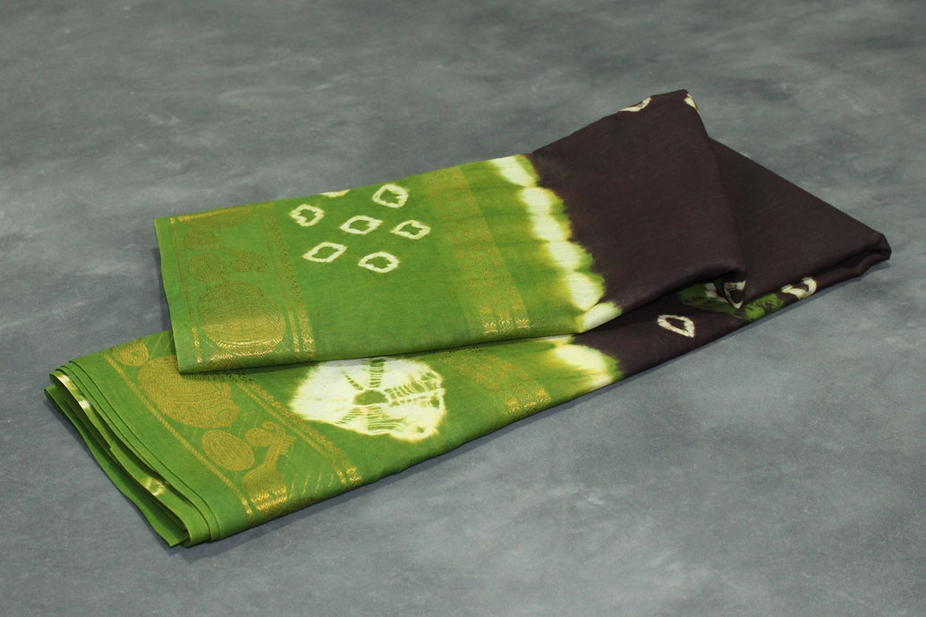 Pure Sungudi Cotton Bandhani Saree with Golden Zari Border - Dark Brown & Green