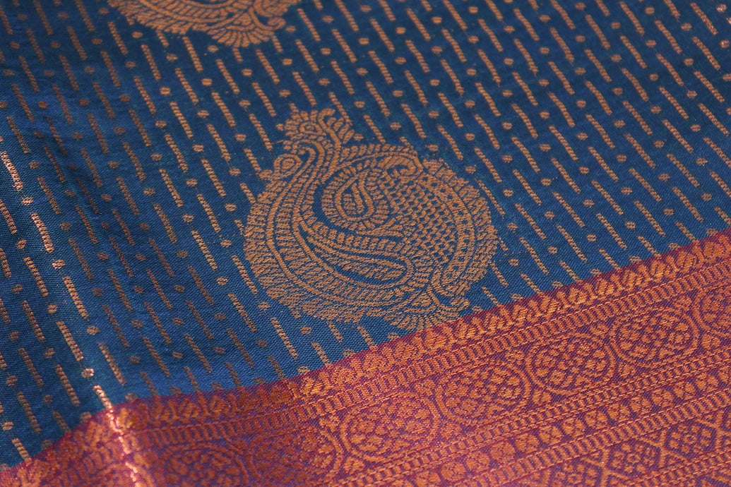 Navy Blue Bridal Pattu Saree with Full Body Zari Work and Traditional Border, Semi Silk