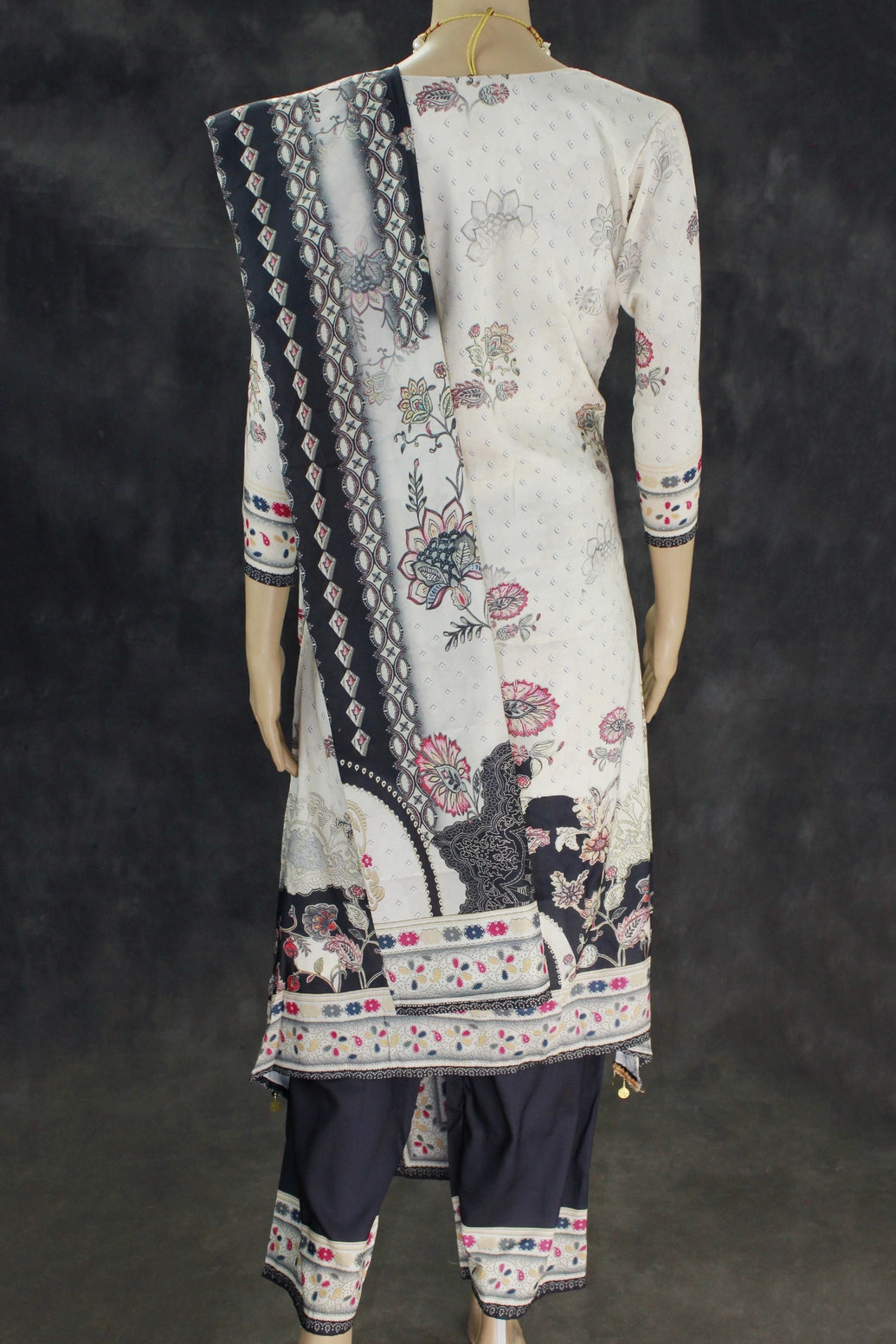 Light Cream Designer Crepe 3-Piece Salwar Suit with Mirror & Stone Work - Kurti, Pant & Cotton Dupatta