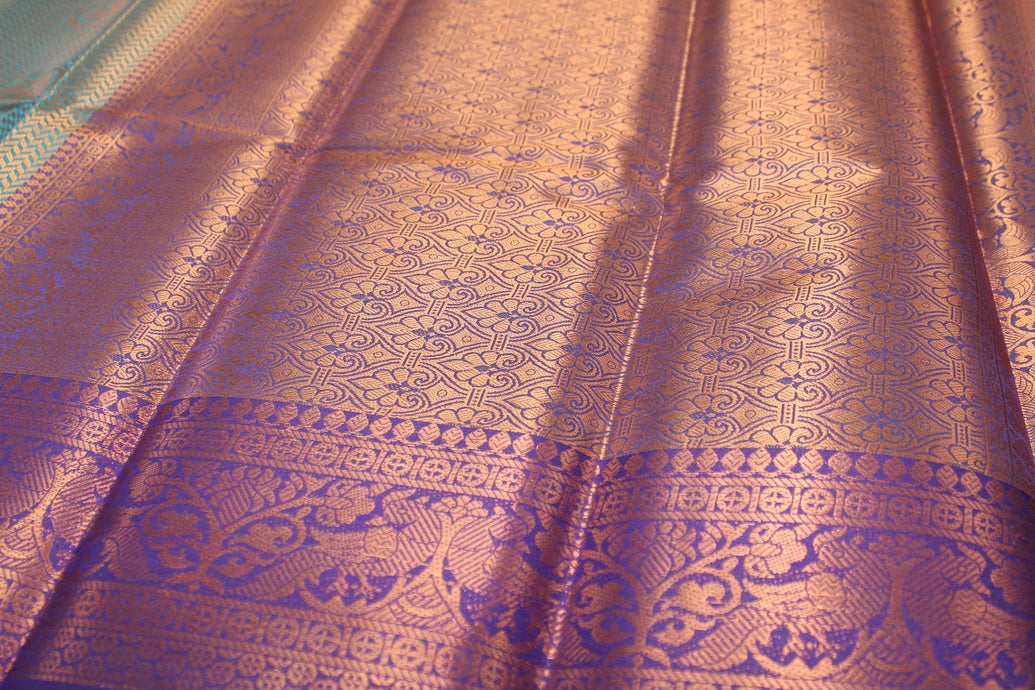 Teal Bridal Kubera Pattu Style Cotton Saree with Full Zari Work and Contrast Purple Woven Border Saree JCS Fashions