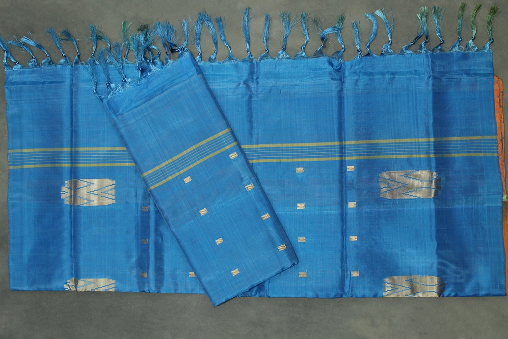 Blue & Orange Vaazhai Naar (Banana Pith) Saree with Small Gold Butta - Borderless Traditional Saree