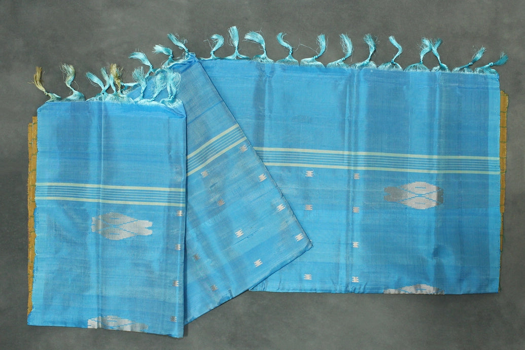 Sea Blue Vaazhai Naar (Banana Pith) Borderless Saree with Small Butta - from Aruppukottai