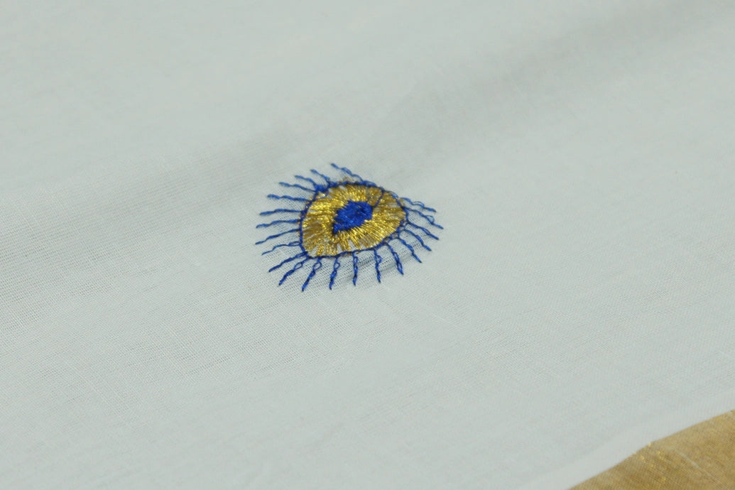 Pure Kerala Cotton White Saree – Gold Zari Peacock Embroidery with Blouse Piece