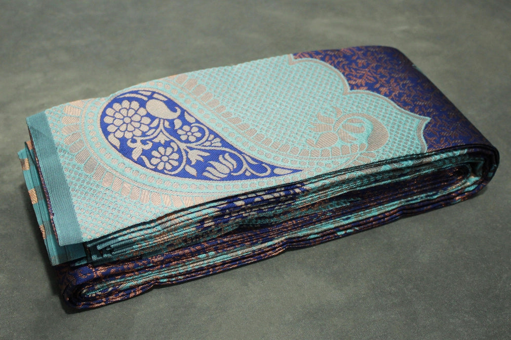 Blue Kubera Pattu Saree with Contrast Design Border and Blouse Piece for Semi Silk Look