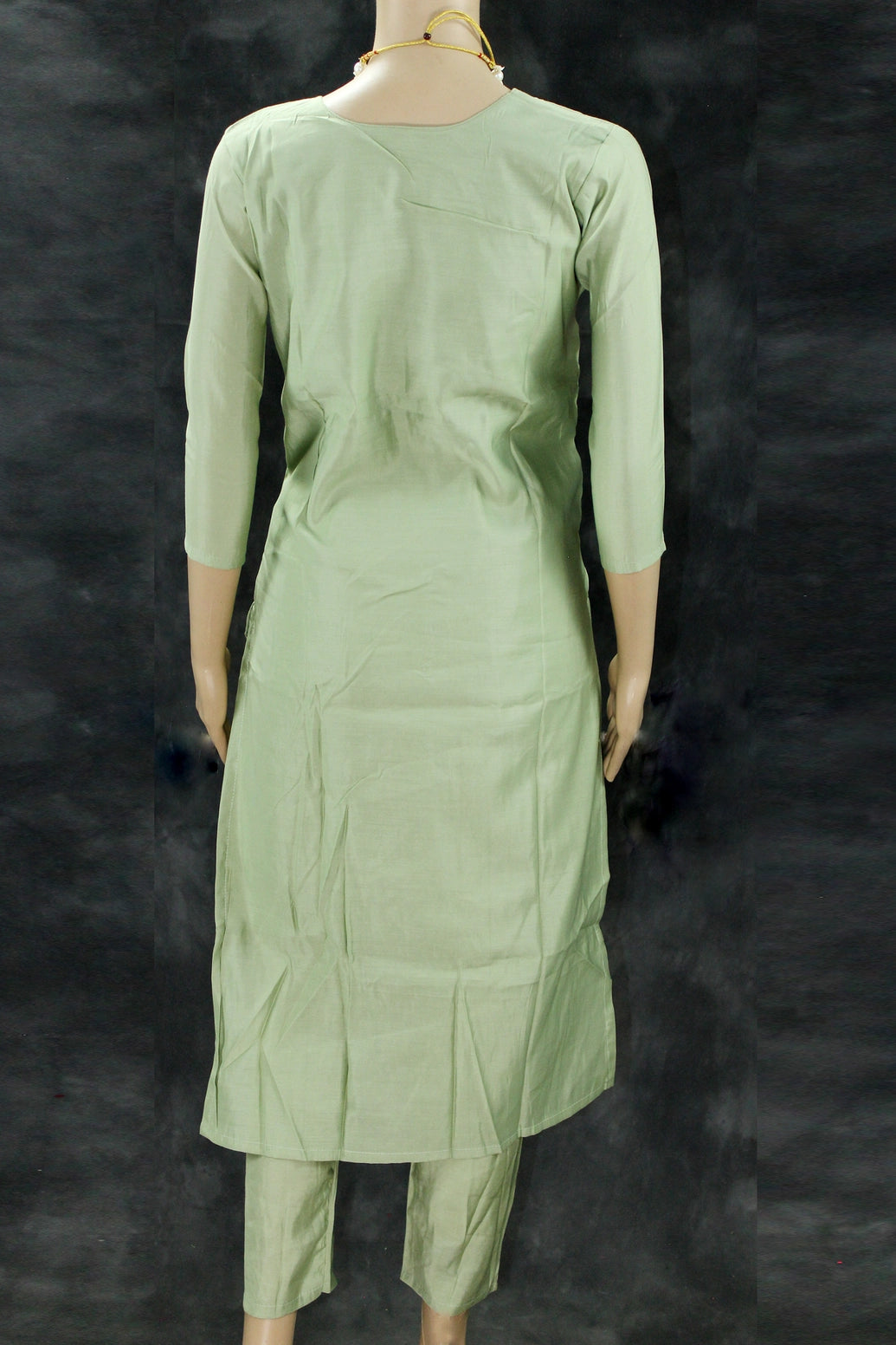Light Green Roman Silk Kurti Pant Set with Embroidered Handwork Chinon Dupatta for Women