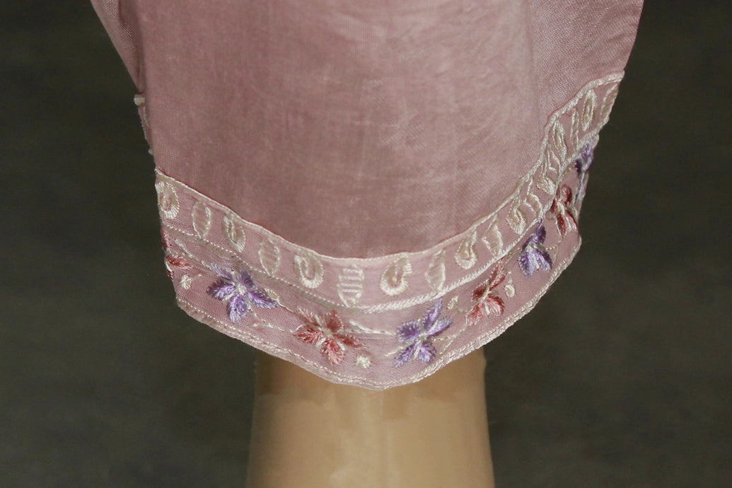 Light Onion Pink 3-Piece Salwar Suit Set with Organza Chiffon Kurti, Elastic Pant & Stone Work Dupatta