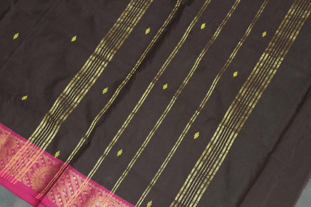 Dark Brown Poly Cotton Saree with Gold Zari Border and Butta Motifs Saree JCS Fashions