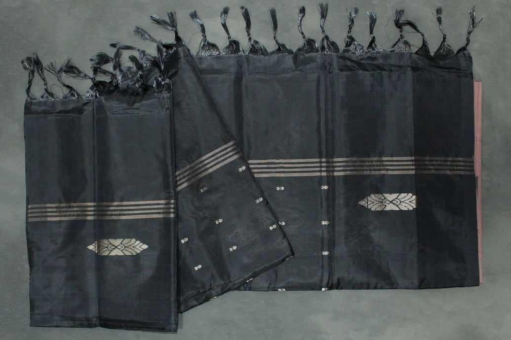 Banana Pith (Vaazhai Naar) Black Saree with Small Butta and Borderless Design - Traditional Handloom Weave
