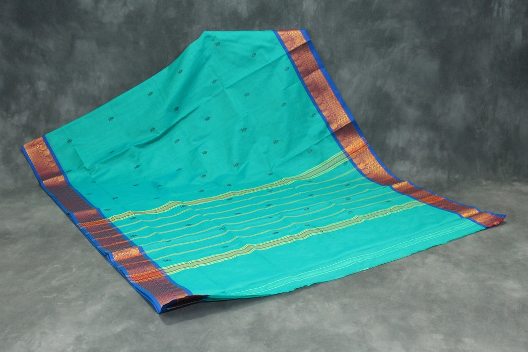 Teal Green Poly Cotton Saree with Gold-Tone Zari Border, Butta Motifs and Line Pallu - Traditional Indian Saree Saree JCS Fashions