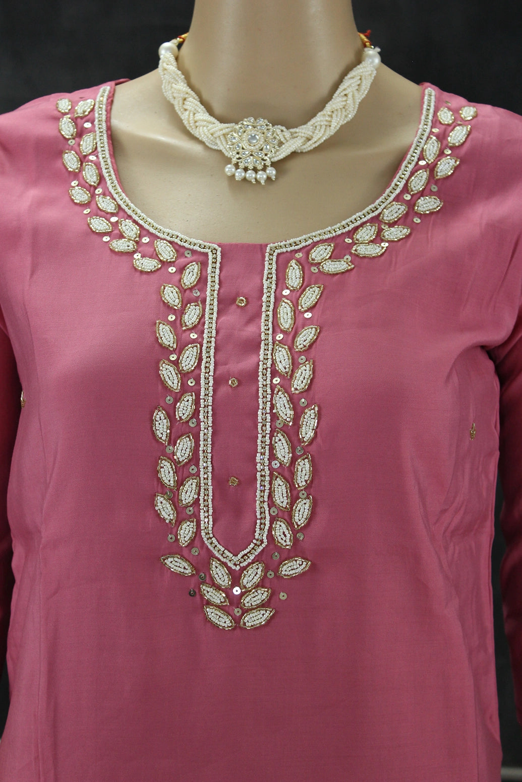 Soft Pink Roman Silk 3-Piece Salwar Kameez Set with Aari & Pearl Neck Embroidery and Organza Digital Dupatta Kurti JCS Fashions