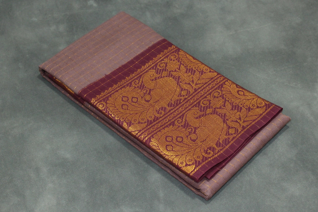 Chocolate Brown Sungudi Cotton Saree with Checked Body and Rich Peacock Gold Zari Double Border - Traditional Festive Wear