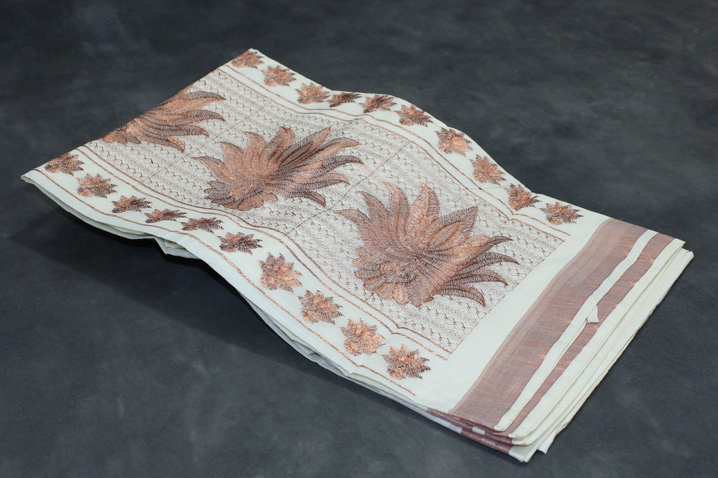 Pure Kerala Cotton Saree with Copper Zari Peacock & Leaf Embroidery, White