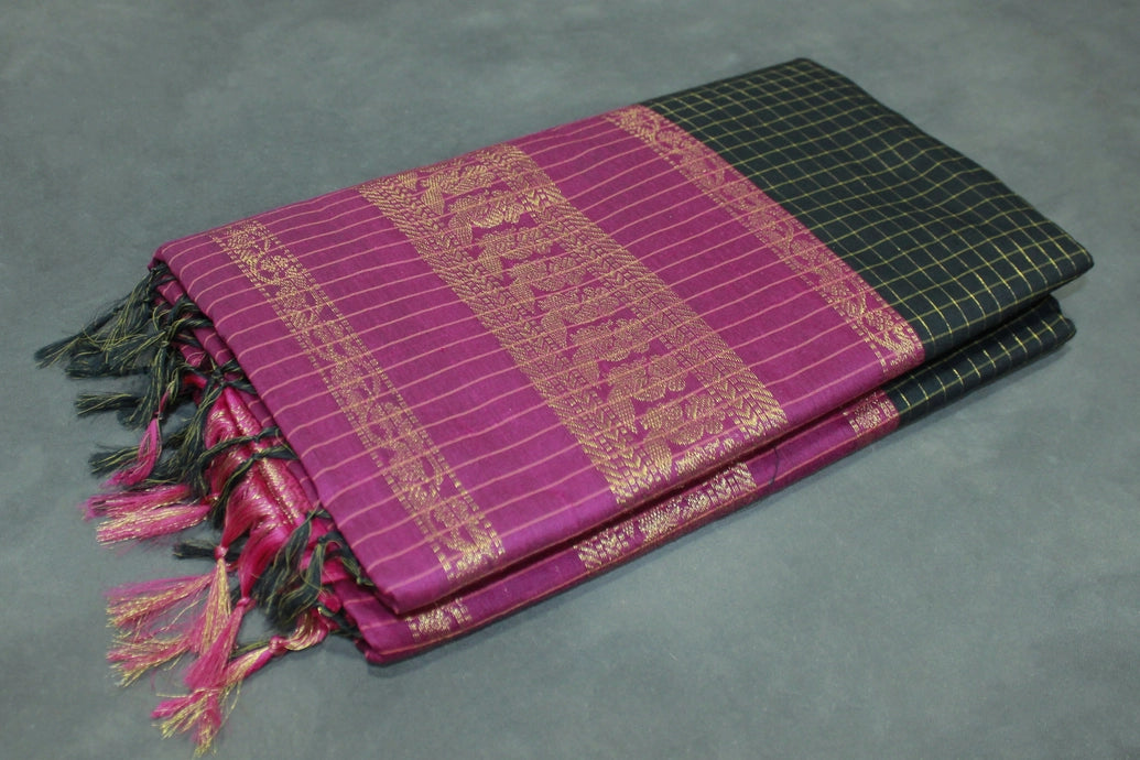 Kalyani Cotton Saree in Black with Zari Checked & Peacock Border and Blouse