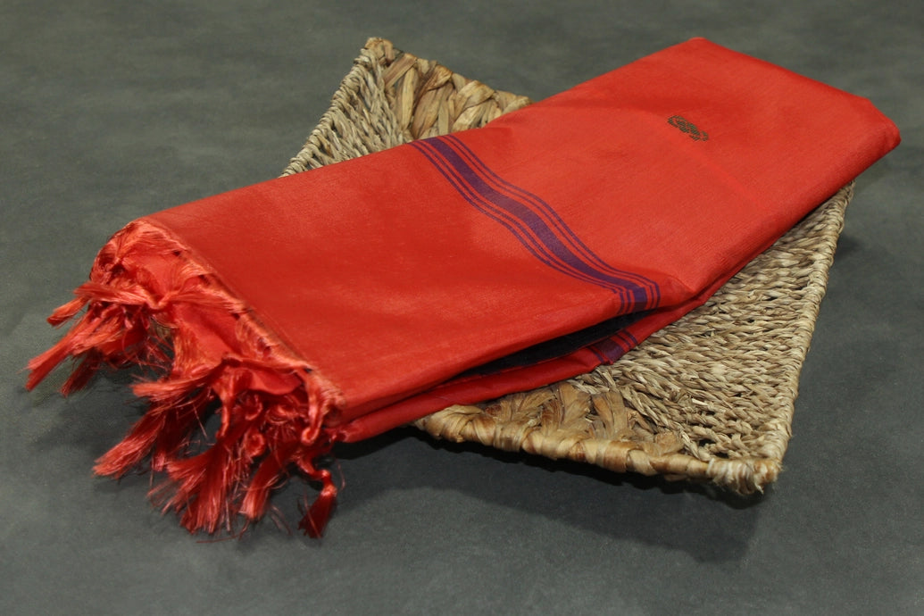 Red Vaazhai Naar (Banana Pith) Borderless Saree with Small Butta and Contrast Stripes - Traditional South Indian Weave