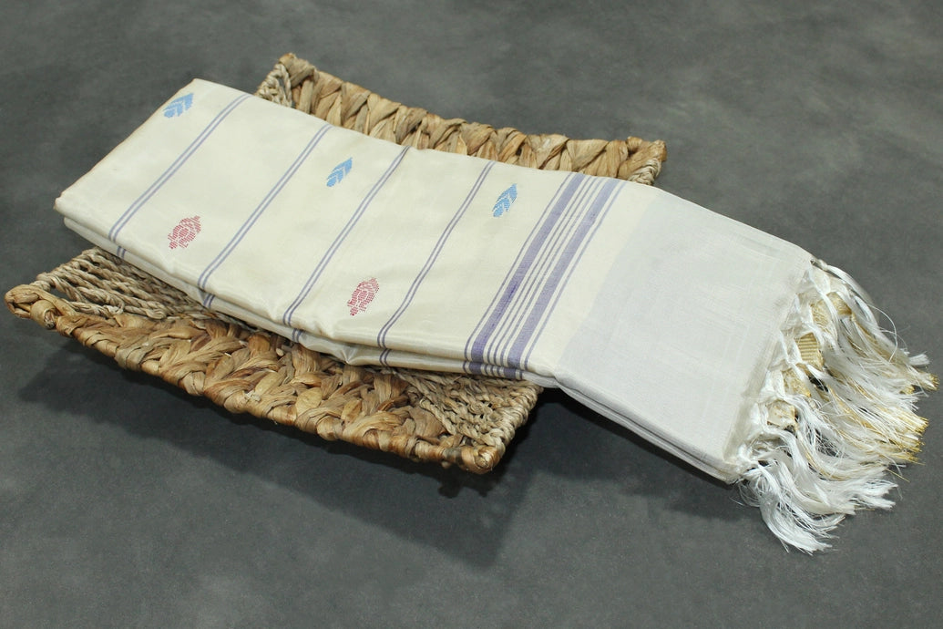 Peacock Blue & Cream Vaazhai Naar (Banana Pith) Saree with Zari Border and Butta